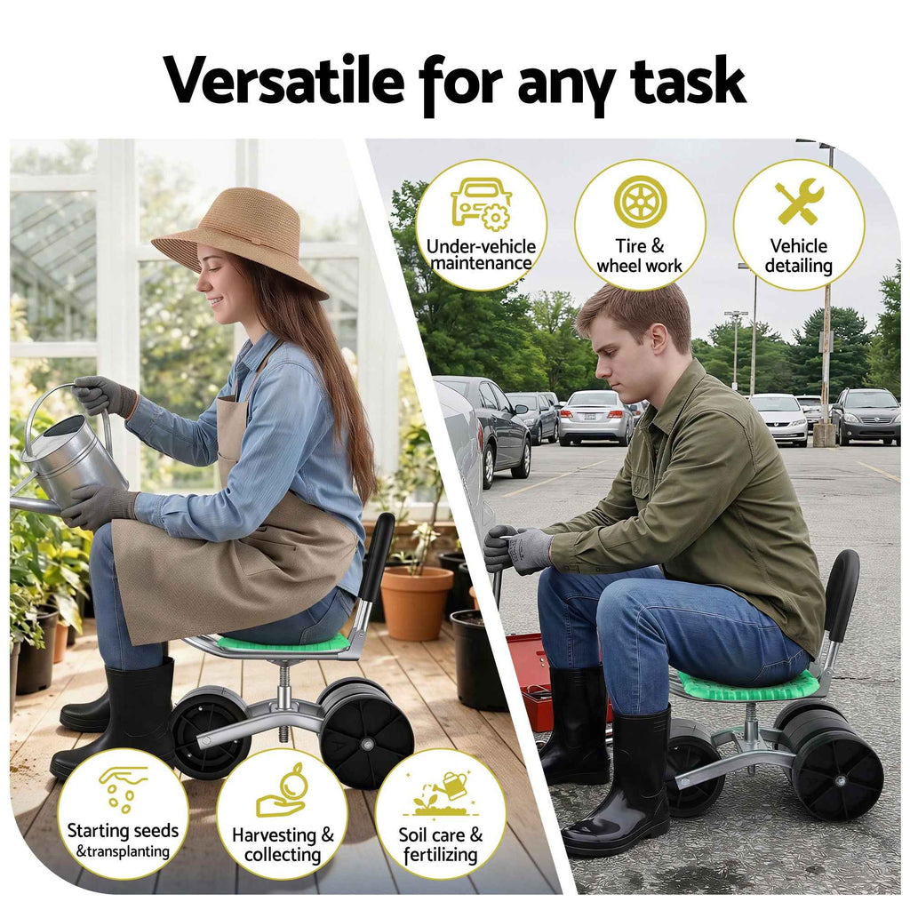 Gardeon Gardening Cart with 360° Swivel Seat | Rolling Work Seat with Adjustable Height & All-Terrain Wheels | 130KG Capacity Heavy Duty Garden Scooter for Back Pain Relief & Vehicle Detailing | Foldable Backrest & Ventilated Seat, Green