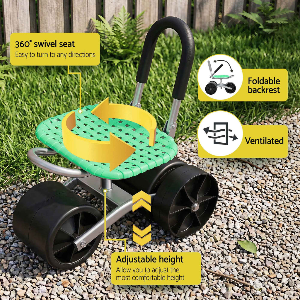 Gardeon Gardening Cart with 360° Swivel Seat | Rolling Work Seat with Adjustable Height & All-Terrain Wheels | 130KG Capacity Heavy Duty Garden Scooter for Back Pain Relief & Vehicle Detailing | Foldable Backrest & Ventilated Seat, Green