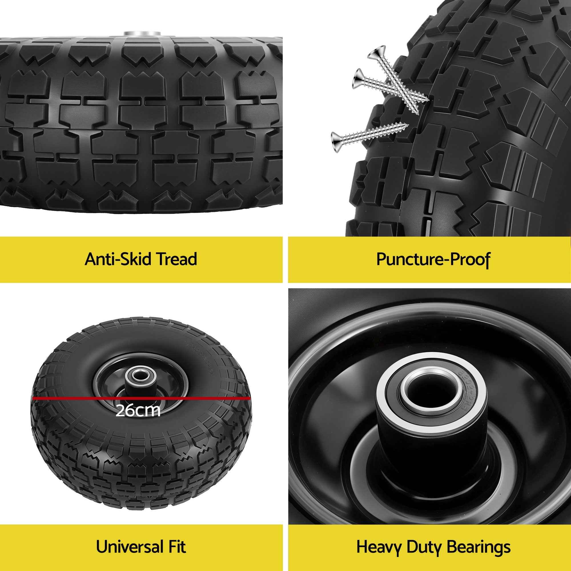Gardeon 2pcs, 4.10/3.50-4 Tire And Wheel Flat Free, 26cm Solid Rubber Tires with 5/8 Axle Bore Hole And Double Sealed Bearings, Perfect for Wheelbarrow, Garden Cart, Wagon, Dolly