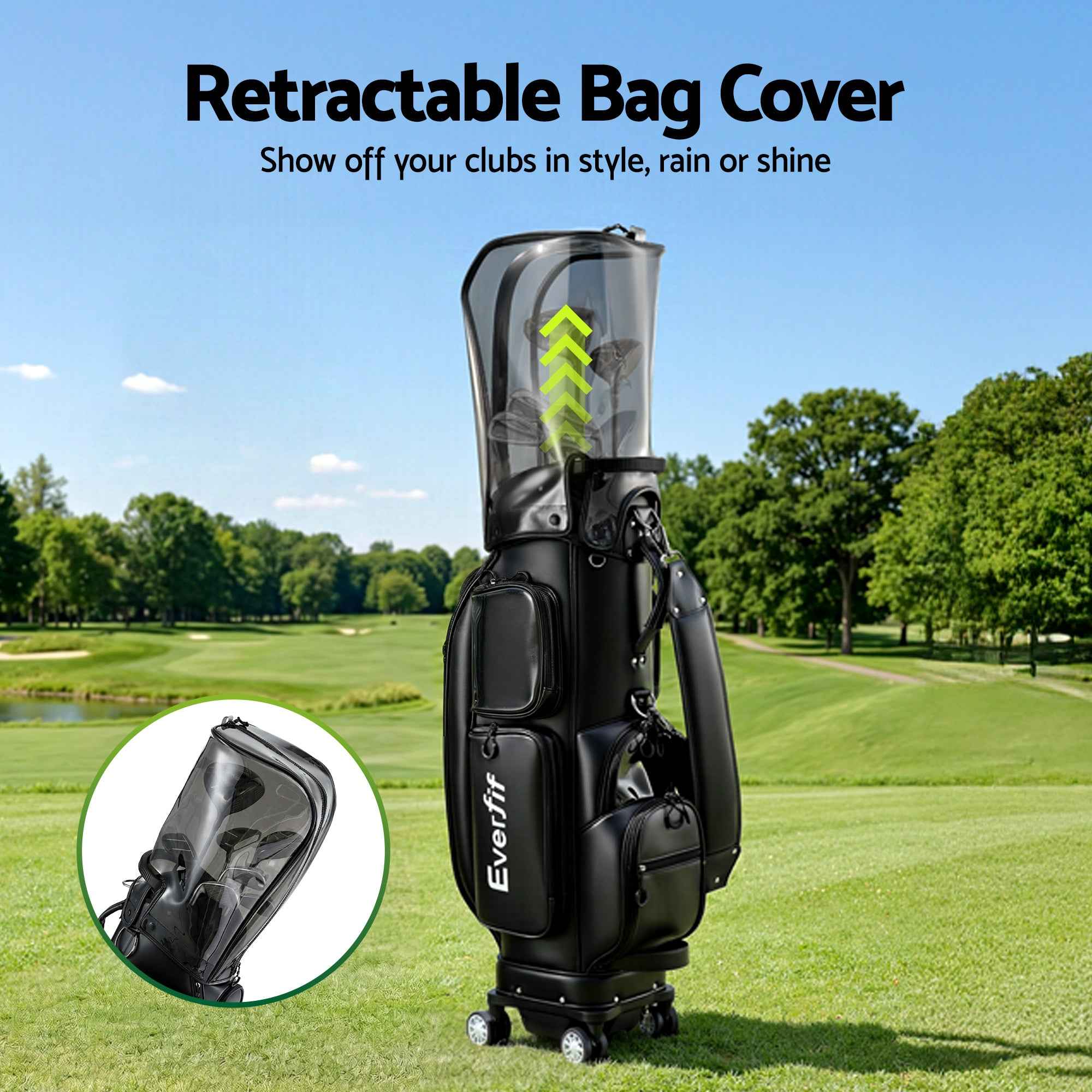 Everfit Golf Cart Bag Rolling Buggy Club Organiser Synthetic Leather Black