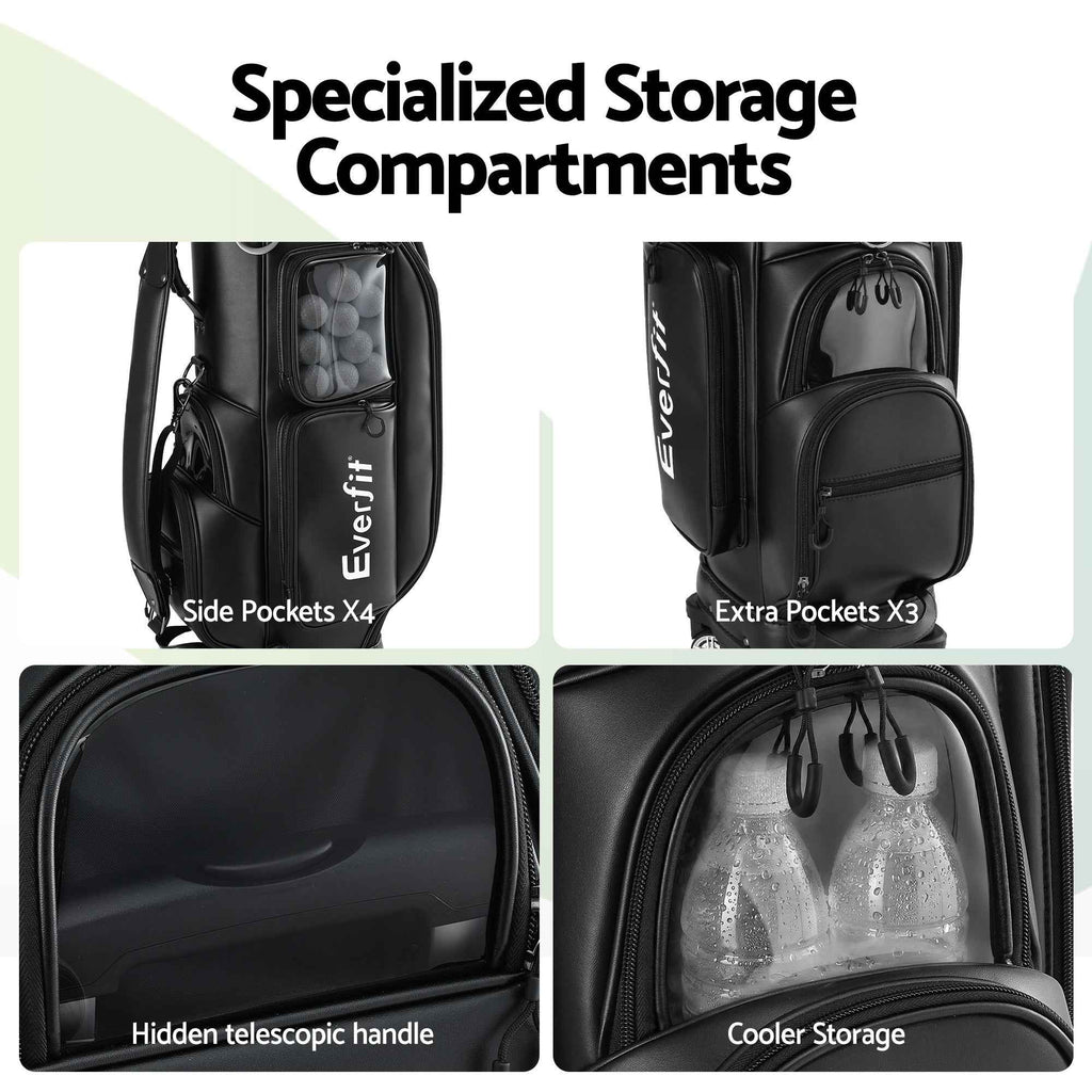 Everfit Golf Cart Bag Rolling Buggy Club Organiser Synthetic Leather Black