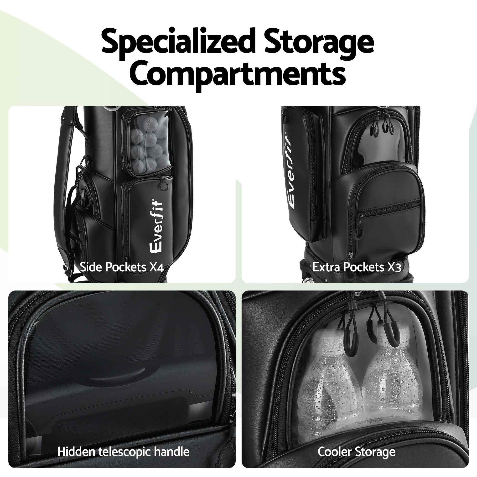 Everfit Golf Cart Bag Rolling Buggy Club Organiser Synthetic Leather Black