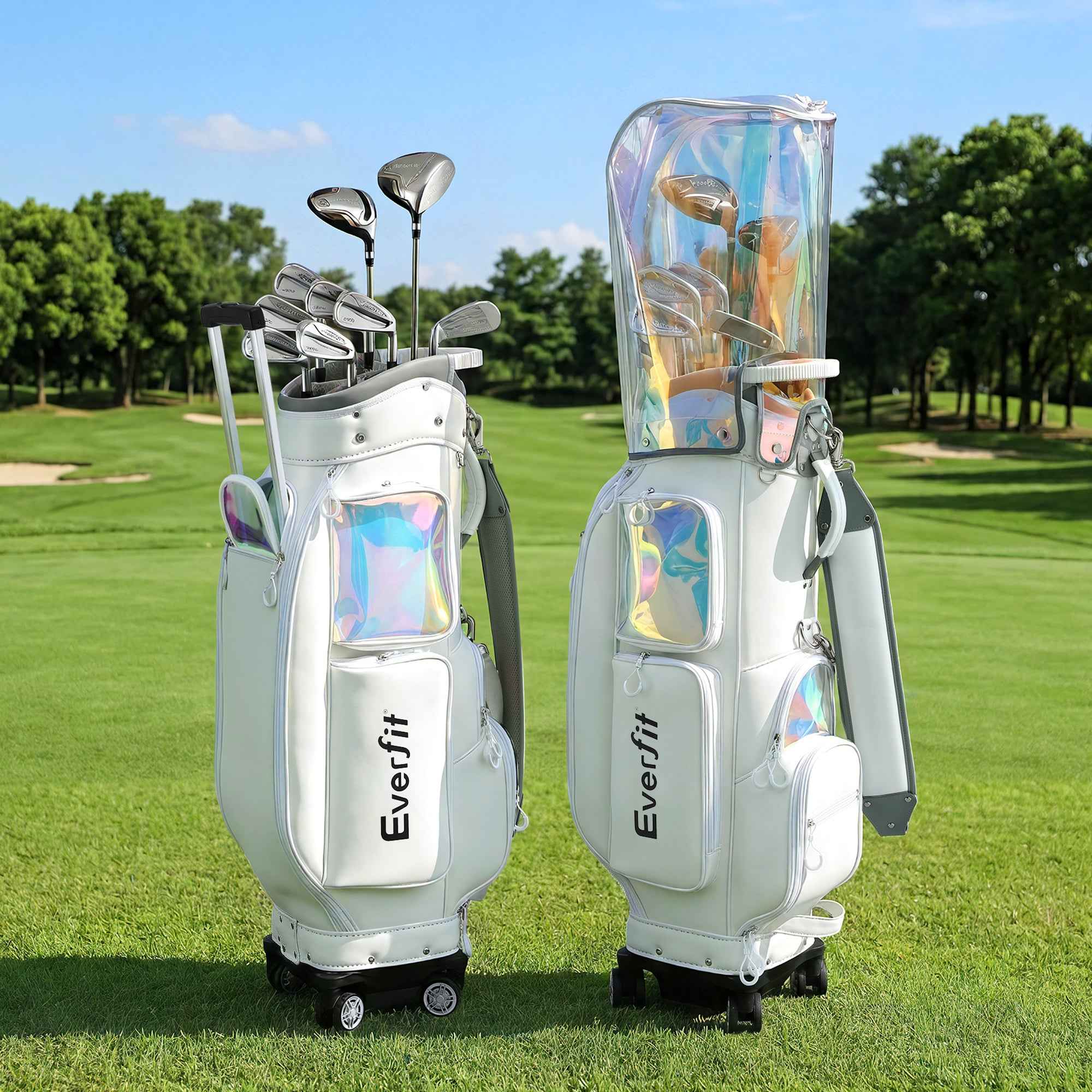 Everfit Golf Cart Bag Rolling Buggy Club Organiser Synthetic Leather White