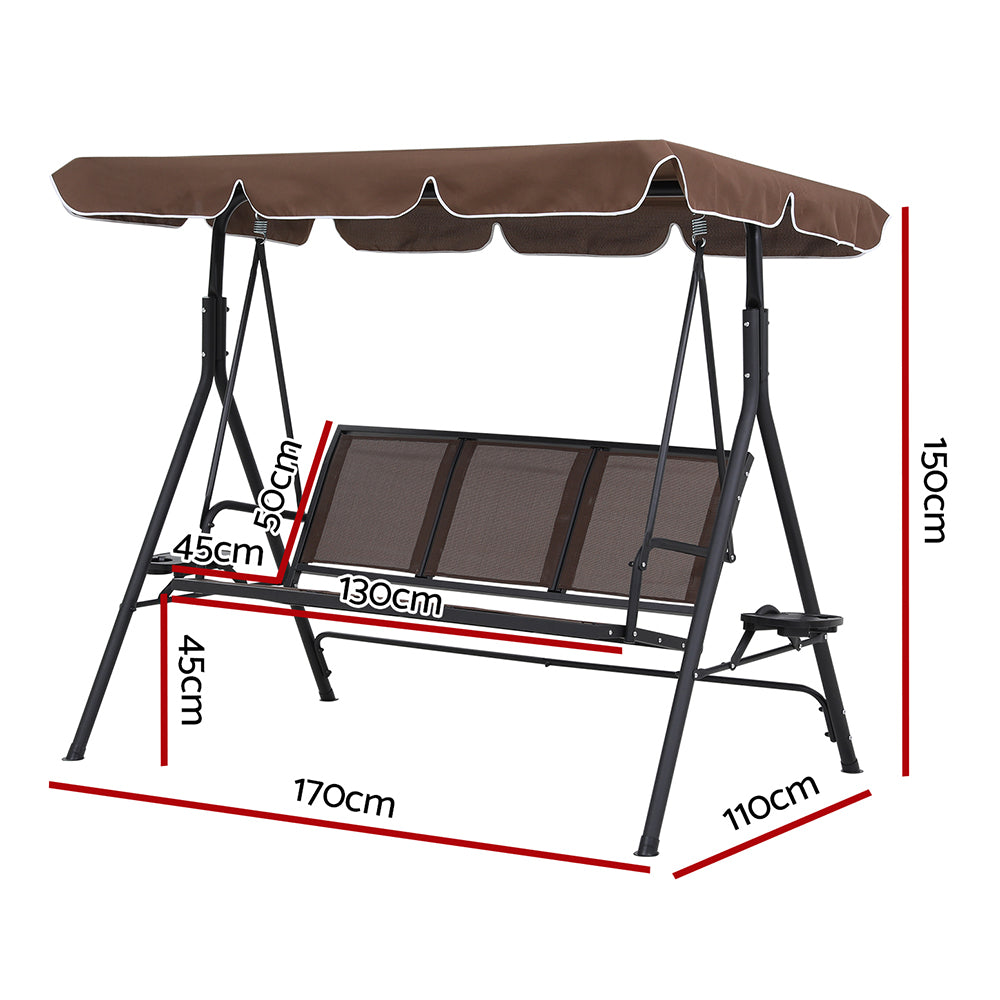 Gardeon Outdoor Swing Chair Garden Chair Canopy Cup Holder 3 Seater Brown