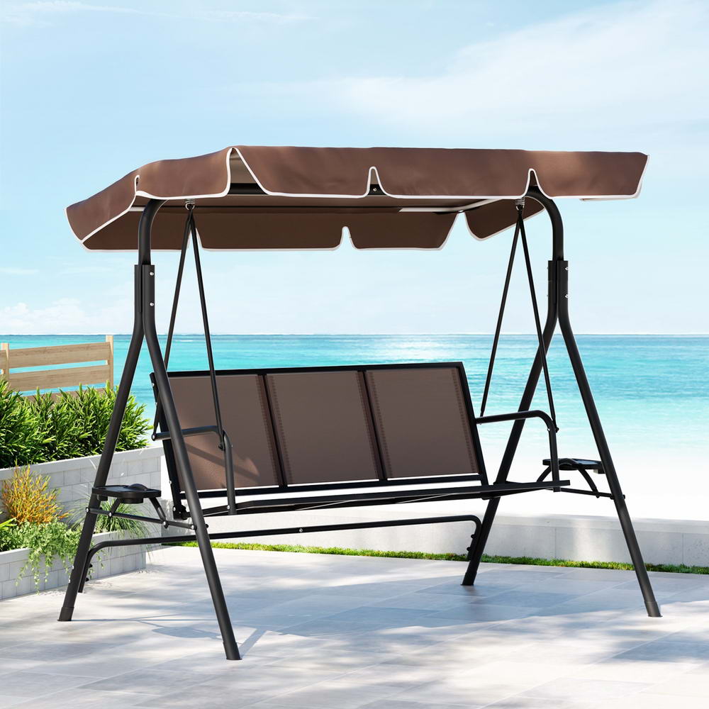 Gardeon Outdoor Swing Chair Garden Chair Canopy Cup Holder 3 Seater Brown