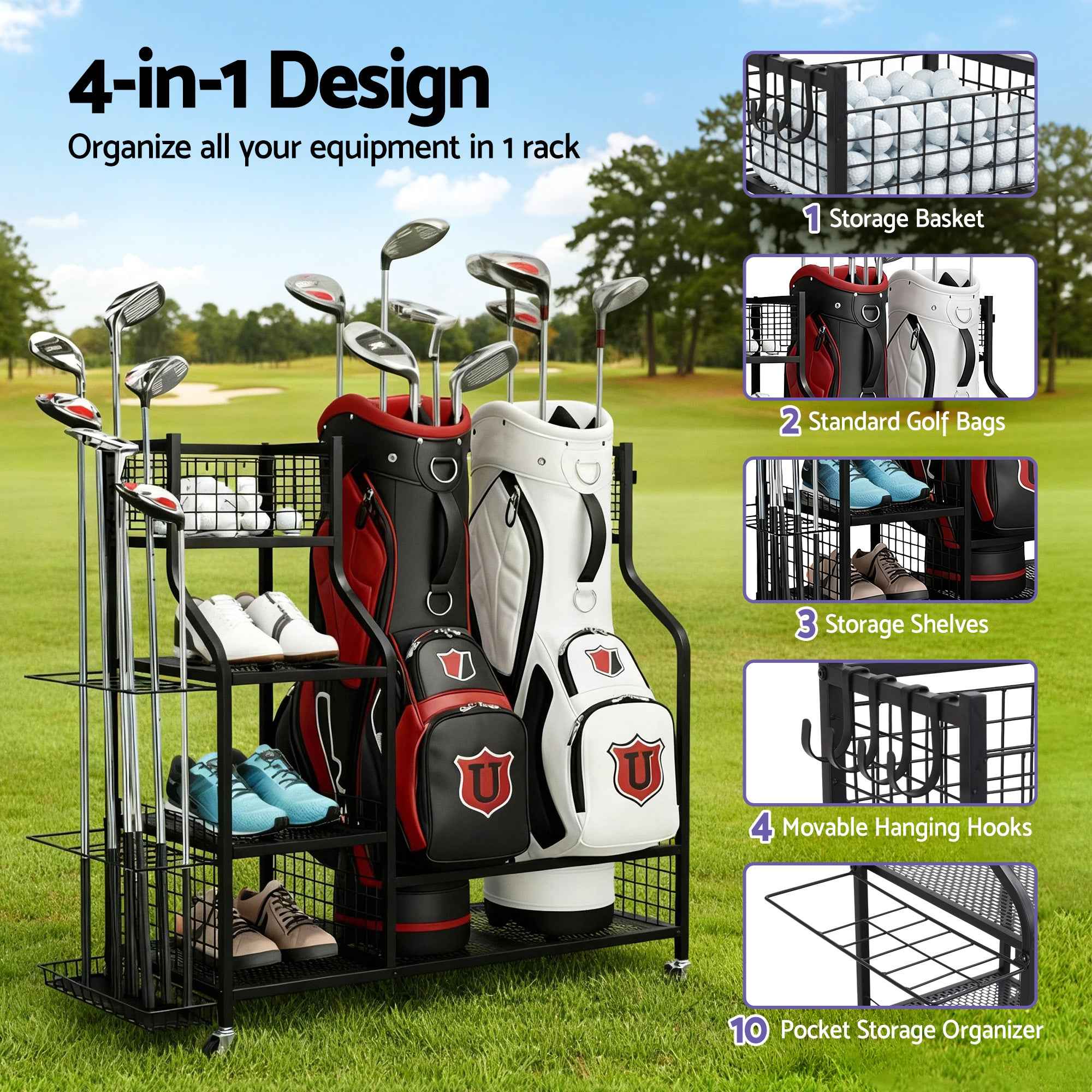 Everfit Golf Bag Storage Golf Storage Garage Organizer with Wheels Black