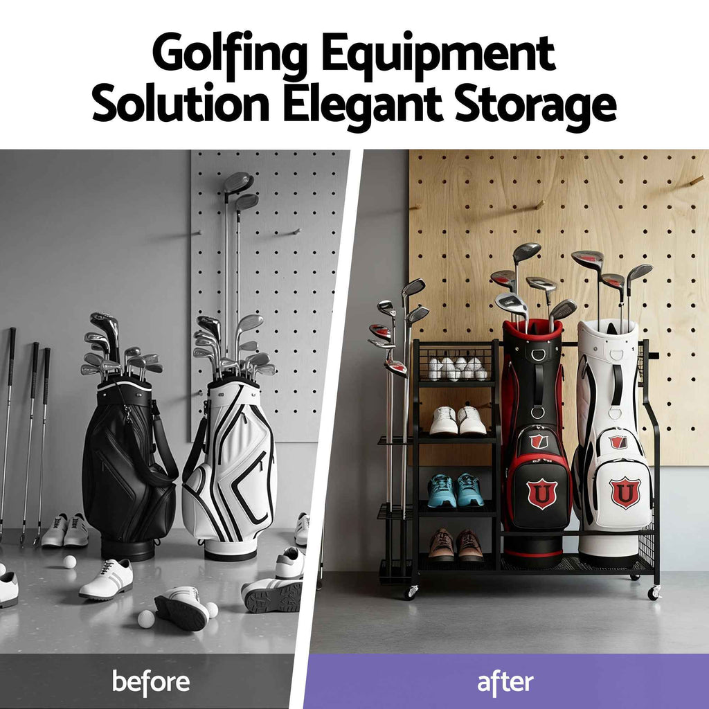 Everfit Golf Bag Storage Golf Storage Garage Organizer with Wheels Black