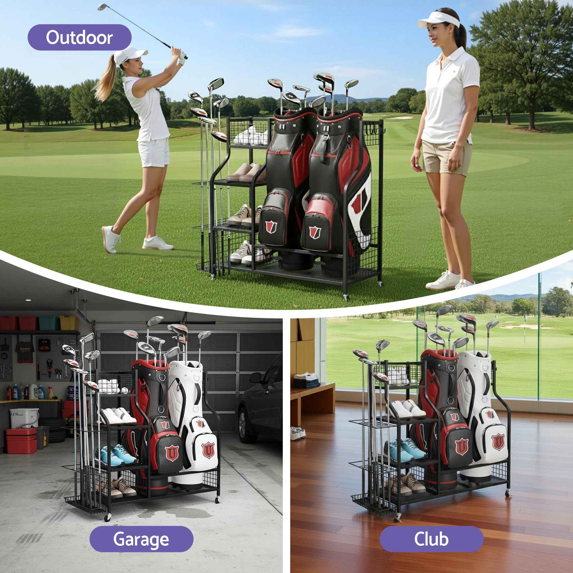 Everfit Golf Bag Storage Golf Storage Garage Organizer with Wheels Black