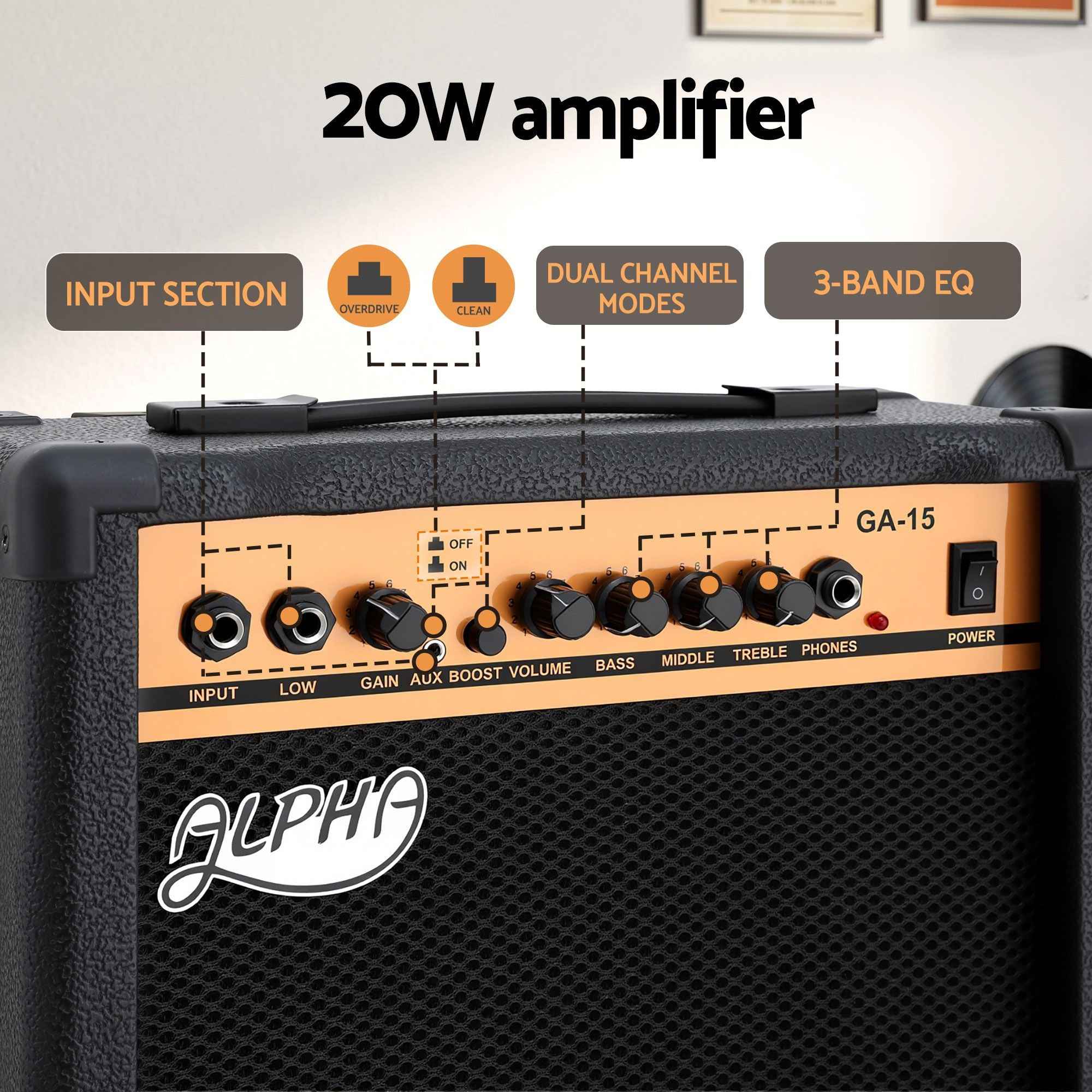Alpha 20W Guitar Amplifier Portable Practice Amp Overdrive 3-Band EQ Black