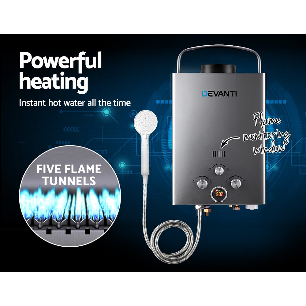 Devanti 便携式燃气热水器 8L/Min LPG 系统 灰色