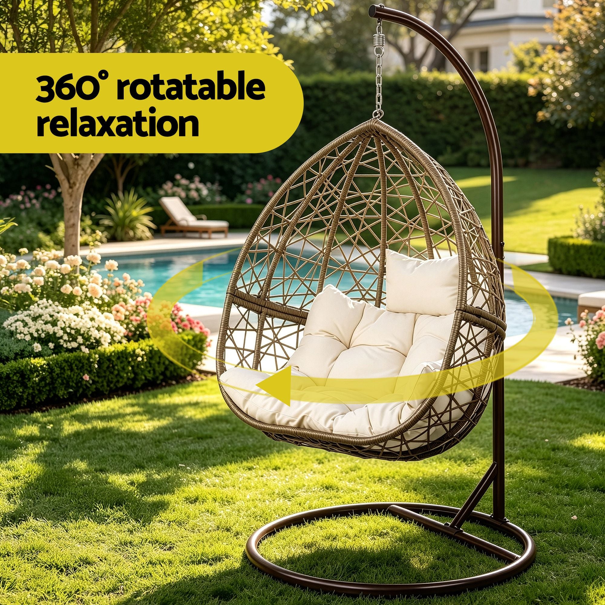 Sillón columpio para exteriores Gardeon con forma de huevo, mueble de mimbre y ratán, soporte tipo cápsula, cojín, café con leche