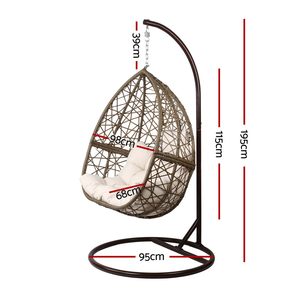 Sillón columpio para exteriores Gardeon con forma de huevo, mueble de mimbre y ratán, soporte tipo cápsula, cojín, café con leche