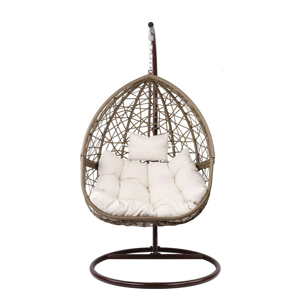Sillón columpio para exteriores Gardeon con forma de huevo, mueble de mimbre y ratán, soporte tipo cápsula, cojín, café con leche
