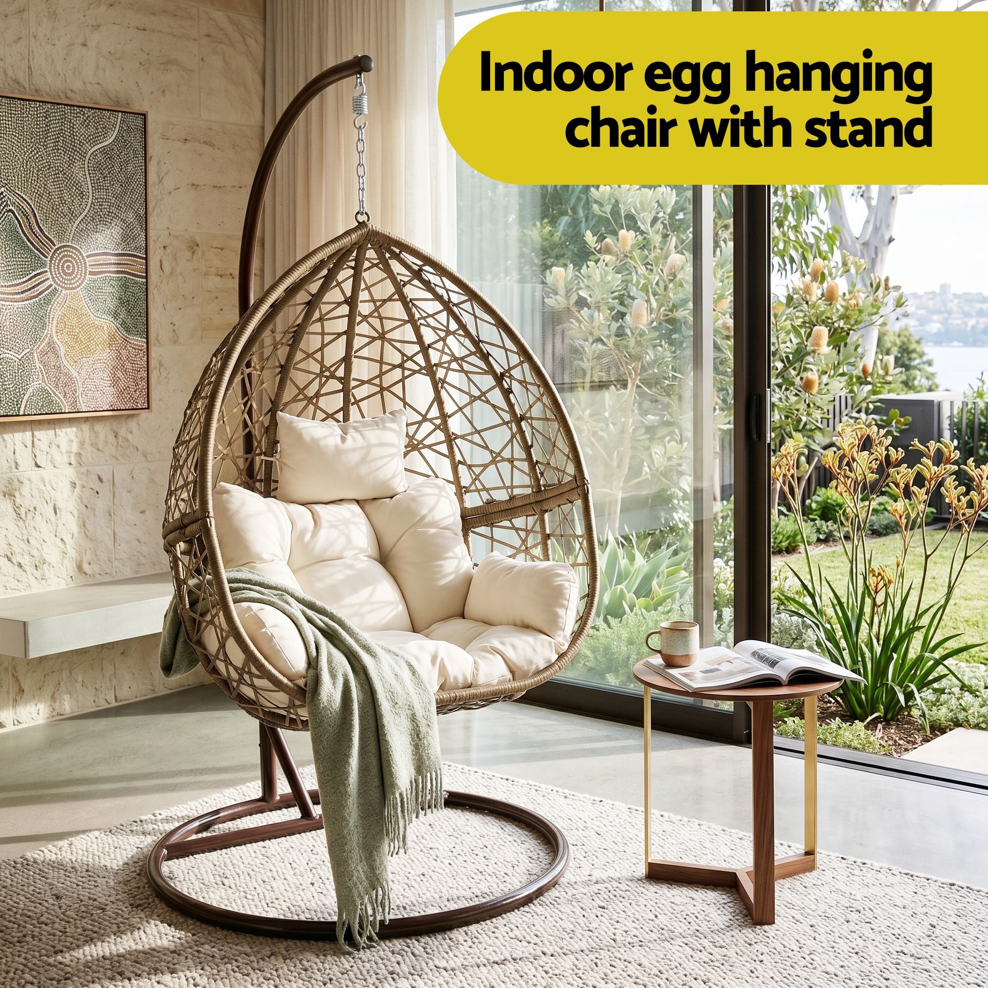 Sillón columpio para exteriores Gardeon con forma de huevo, mueble de mimbre y ratán, soporte tipo cápsula, cojín, café con leche