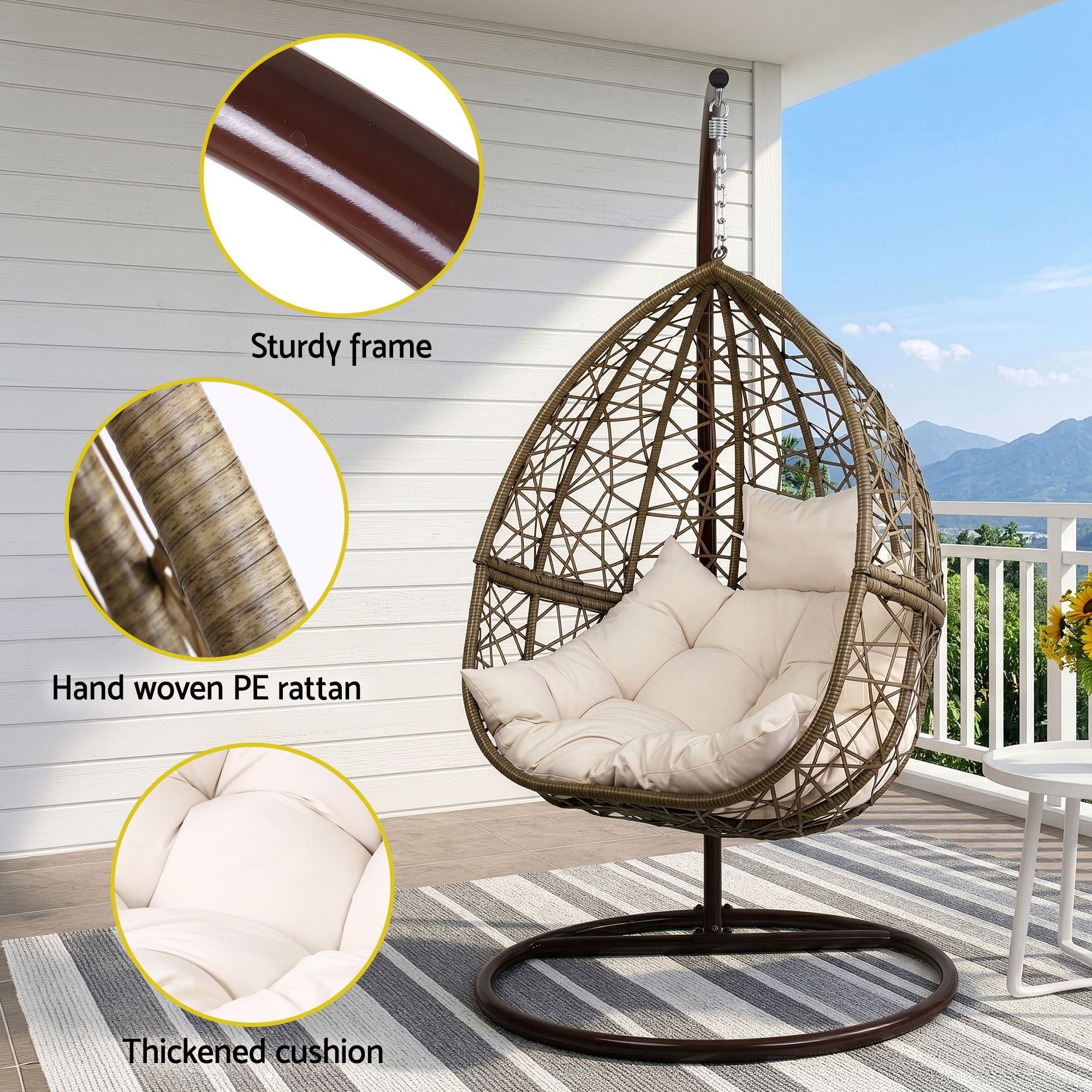 Sillón columpio para exteriores Gardeon con forma de huevo, mueble de mimbre y ratán, soporte tipo cápsula, cojín, café con leche
