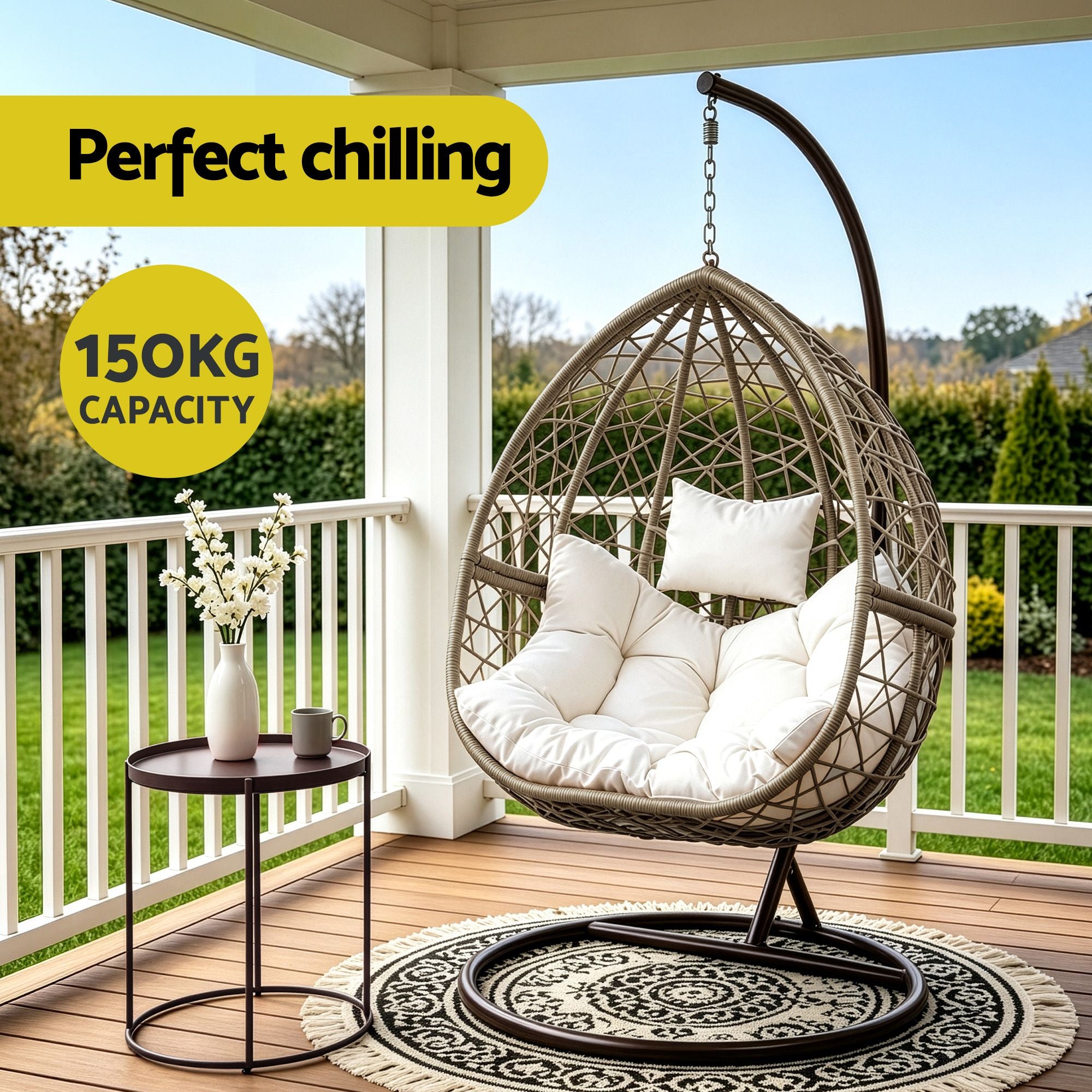Sillón columpio para exteriores Gardeon con forma de huevo, mueble de mimbre y ratán, soporte tipo cápsula, cojín, café con leche