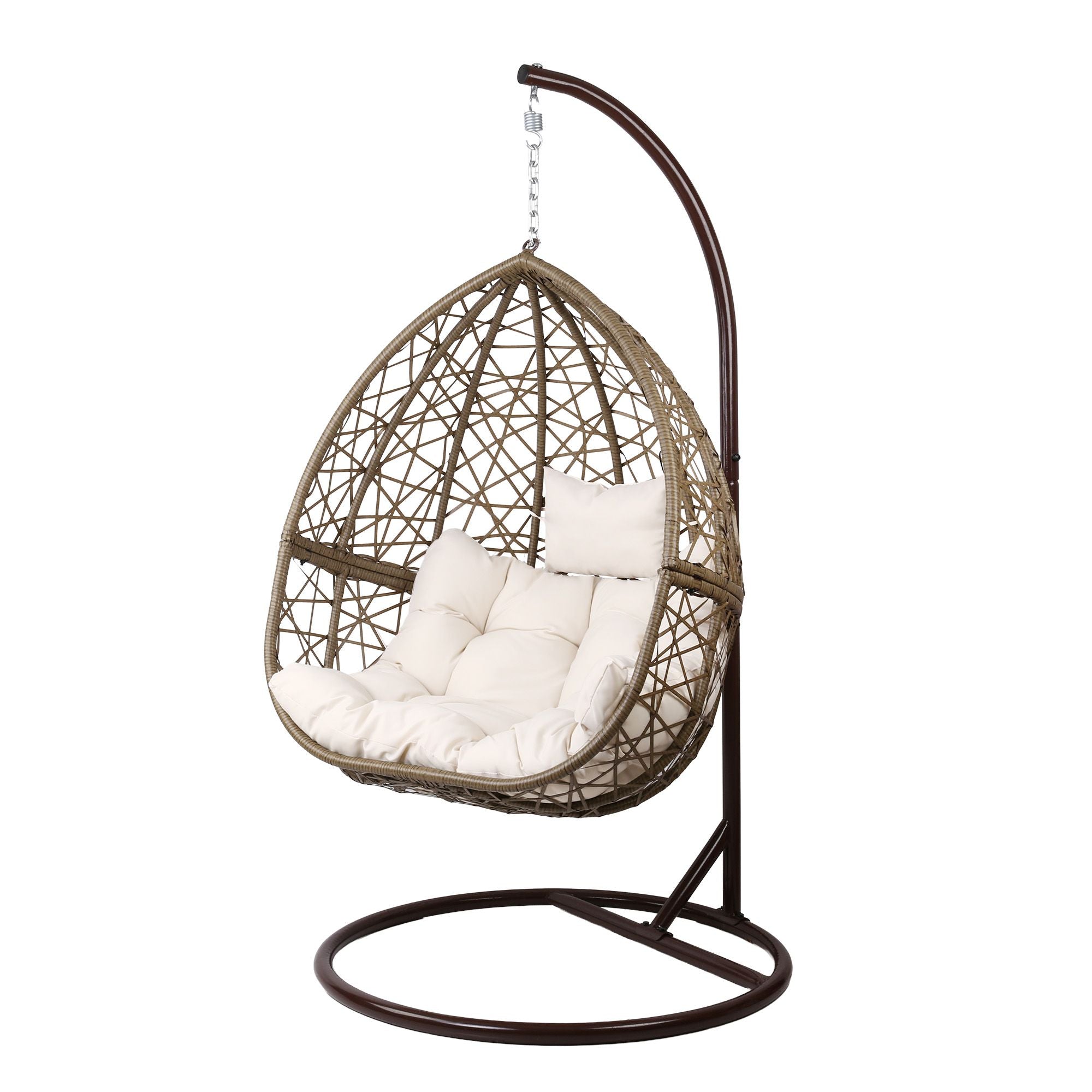 Sillón columpio para exteriores Gardeon con forma de huevo, mueble de mimbre y ratán, soporte tipo cápsula, cojín, café con leche