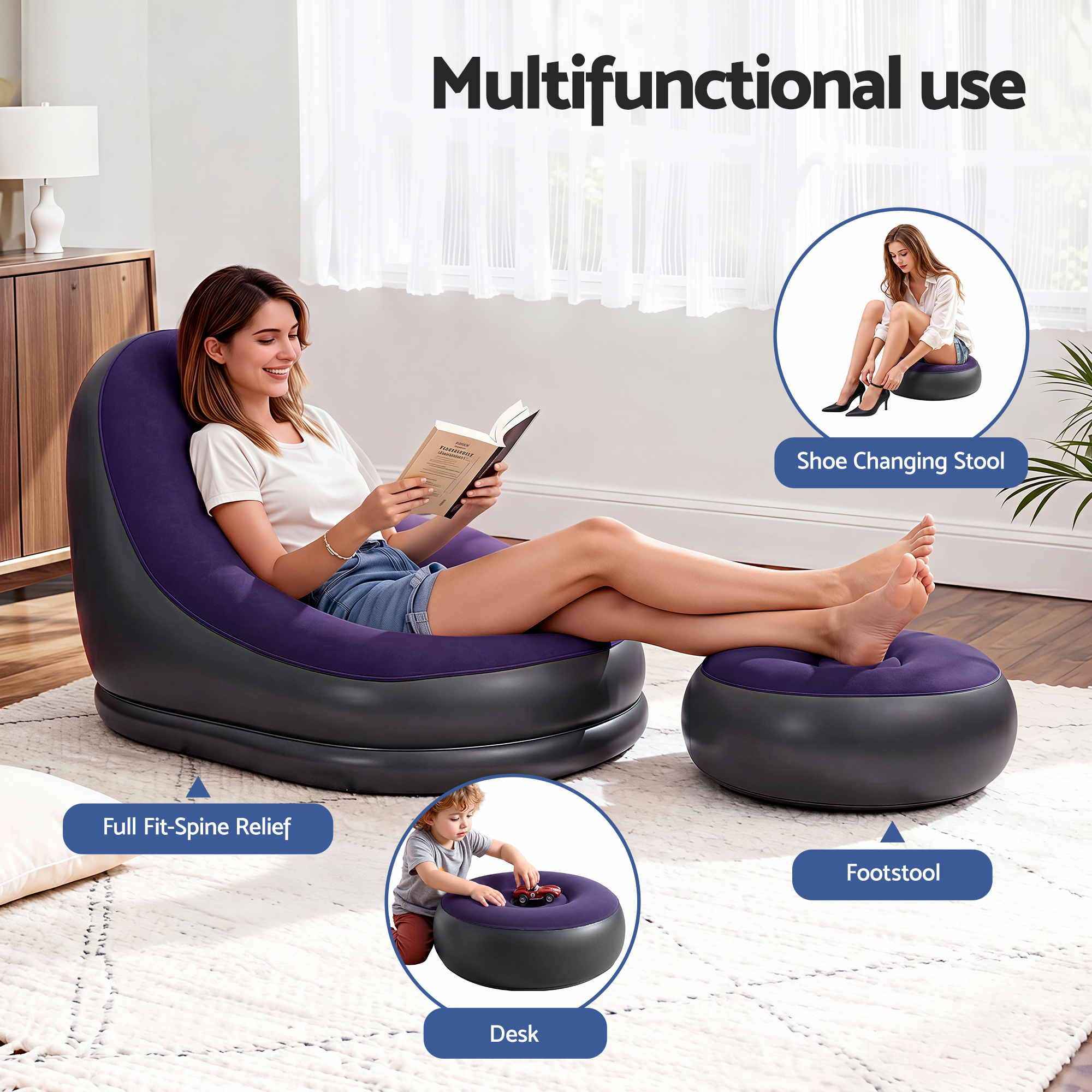 Gardeon Inflatable Chair with Ottoman Air Sofa Blow Up Air Chair for Camping with Pump Purple