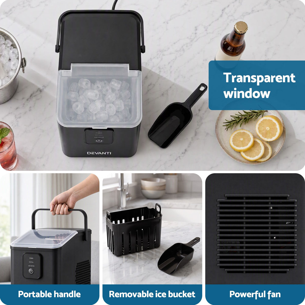 Devanti Ice Maker 11-12kg Portable Bullet Cube Machine Black