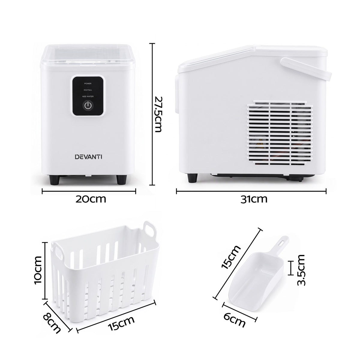 Devanti Ice Maker 11-12kg Portable Bullet Cube Machine White