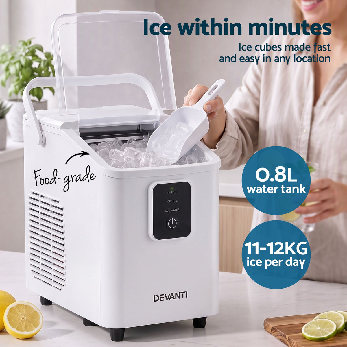 Devanti Ice Maker 11-12kg Portable Bullet Cube Machine White