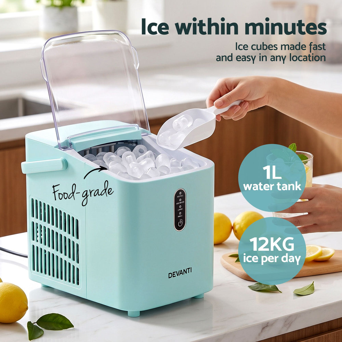 Devanti 12KG Ice Maker Machine Bullet Ice Cube Portable Green