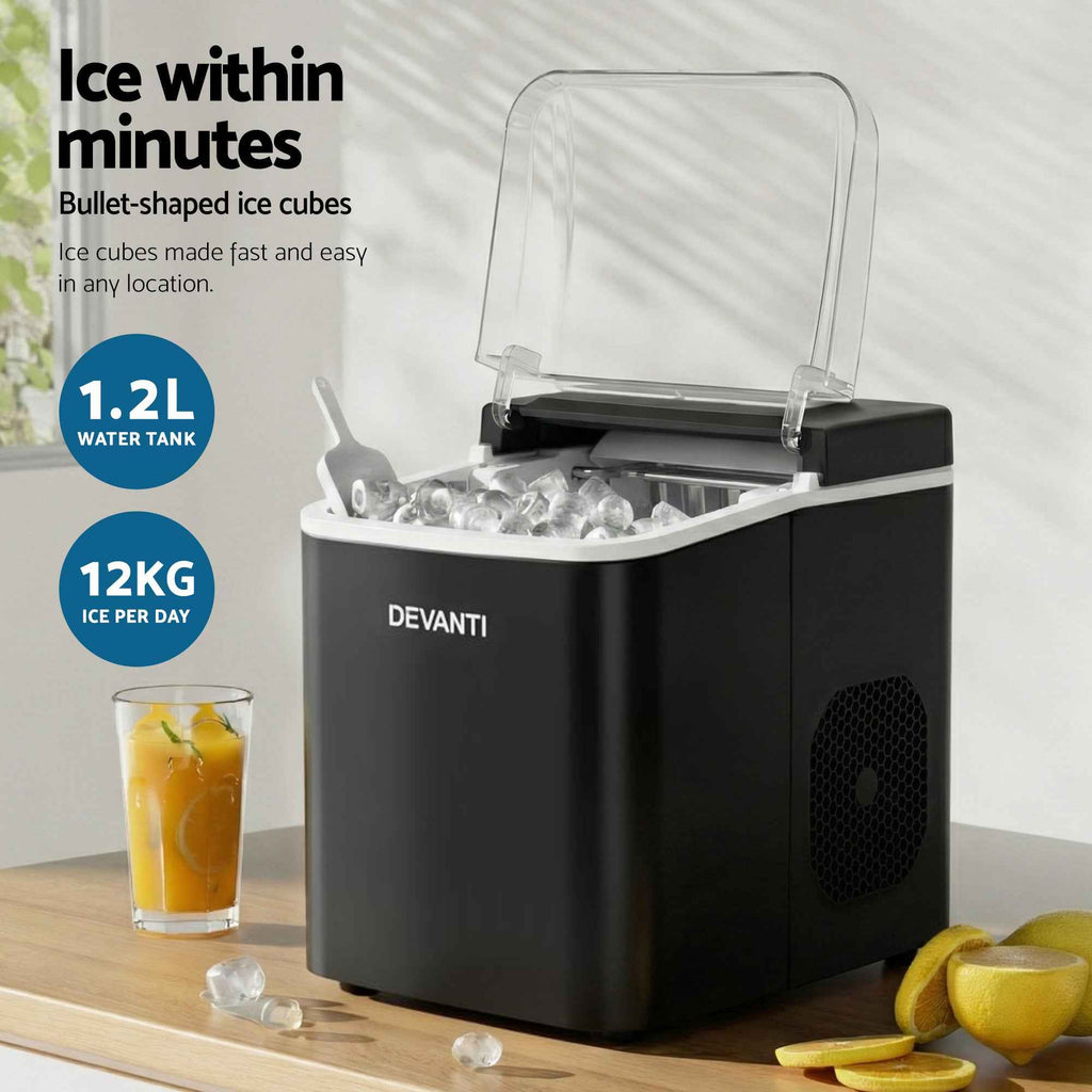 Devanti Ice Maker Machine Portable 12kg Countertop w/Self Cleaning 1.2L Black