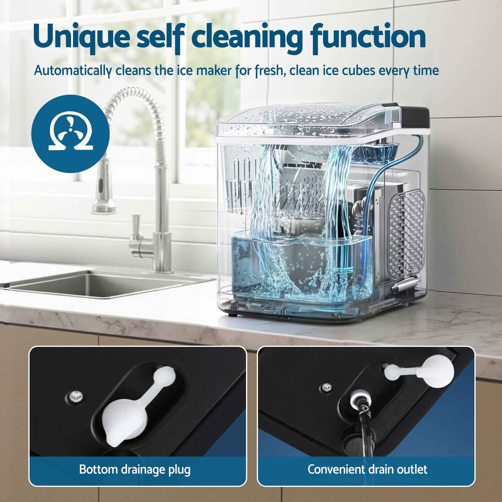 Devanti Ice Maker Machine Portable 12kg Countertop w/Self Cleaning 1.2L Black