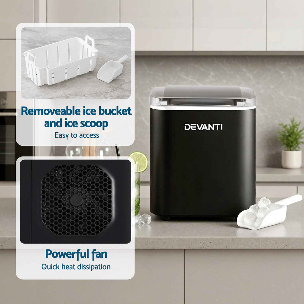 Devanti Ice Maker Machine Portable 12kg Countertop w/Self Cleaning 1.2L Black