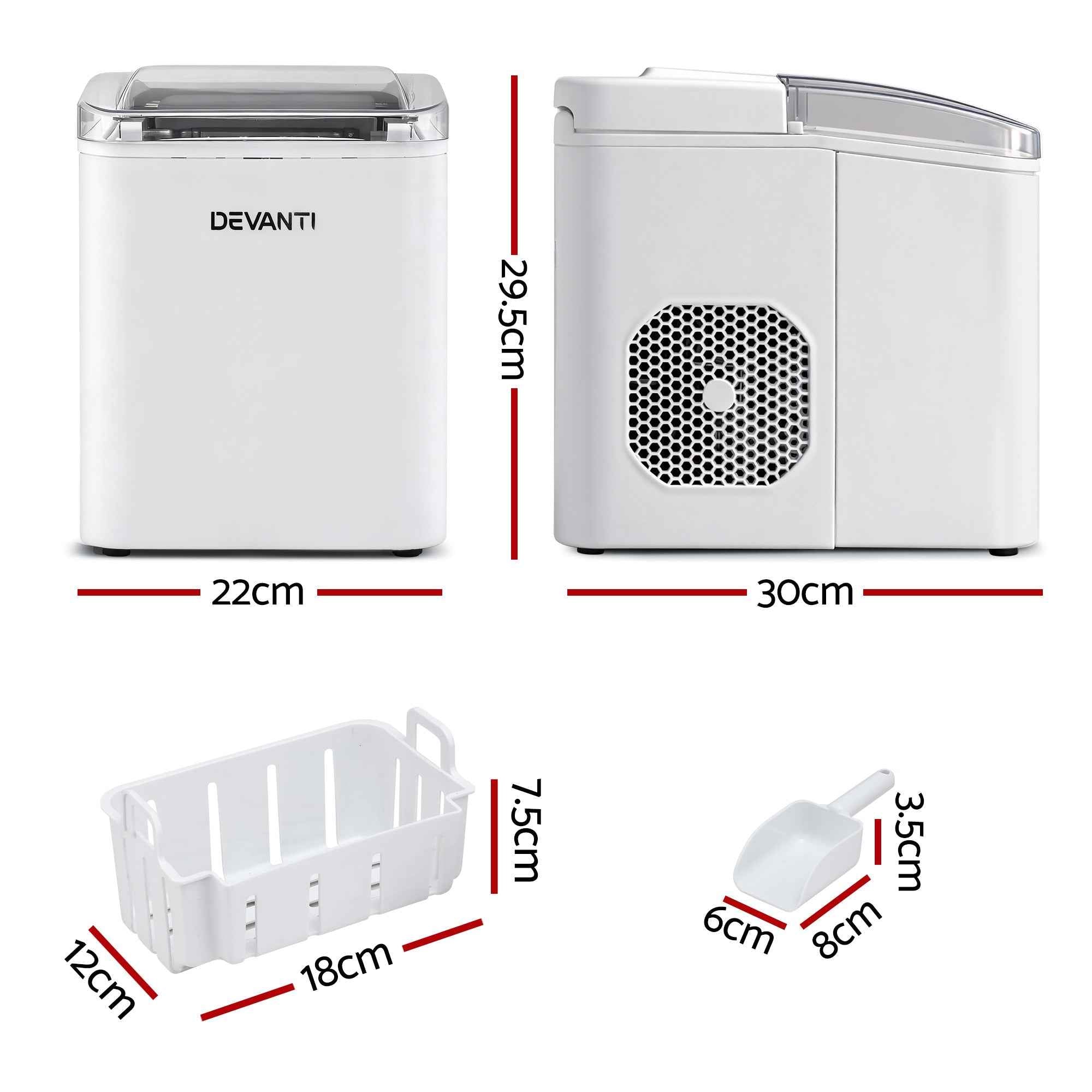 Devanti Ice Maker Machine Portable 12kg Countertop w/Self Cleaning 1.2L White