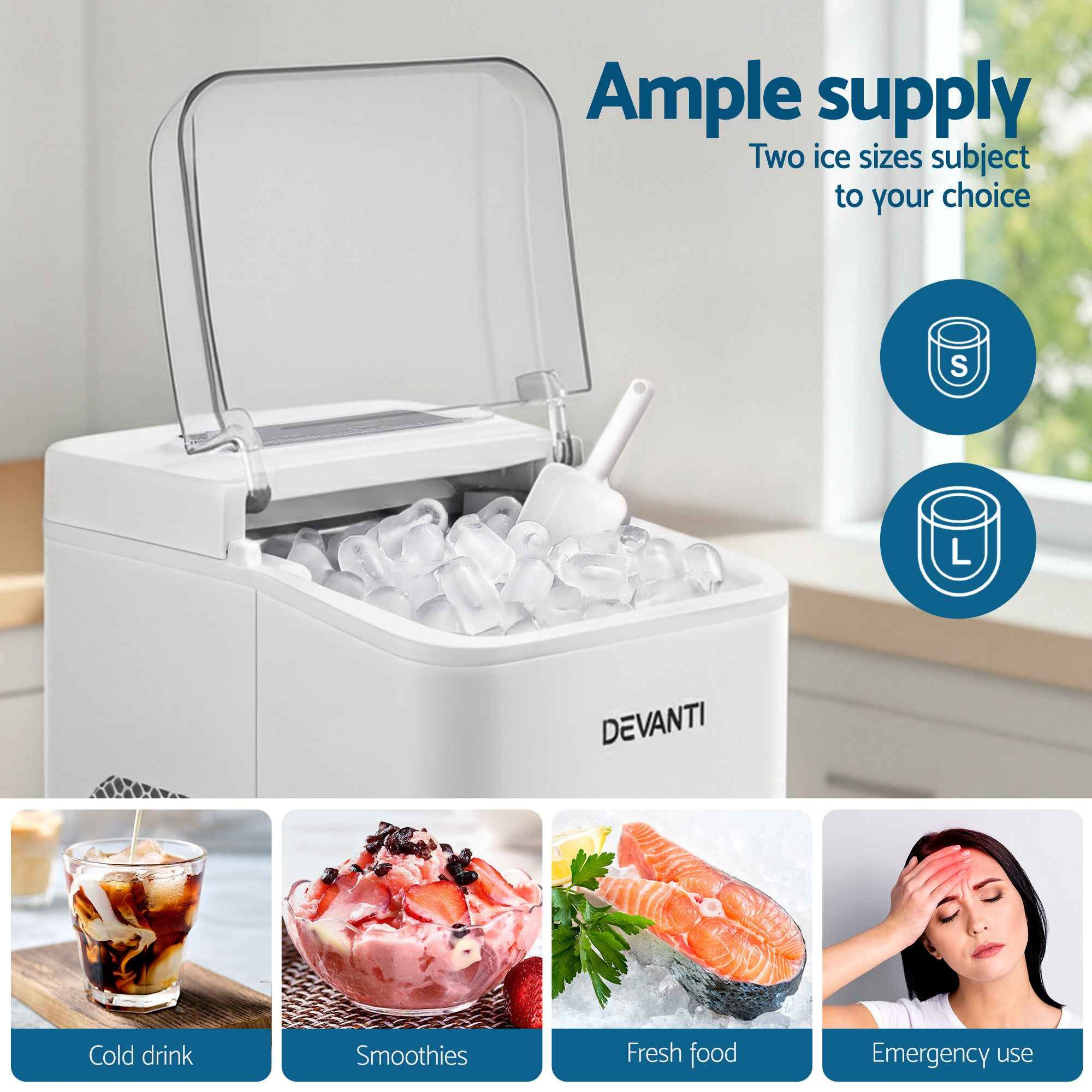 Devanti Ice Maker Machine Portable 12kg Countertop w/Self Cleaning 1.2L White
