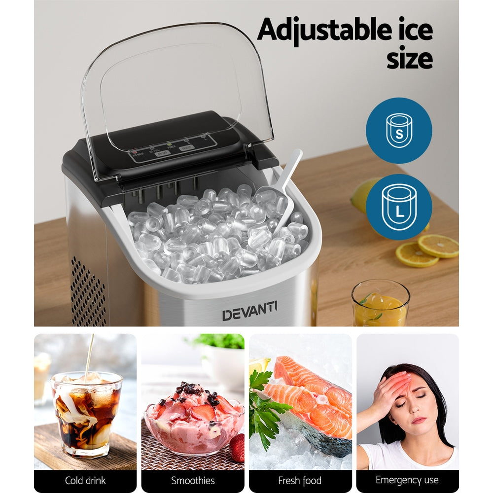 Devanti 12kg Ice Maker Machine w/Self Cleaning Silver - YDS.com.au