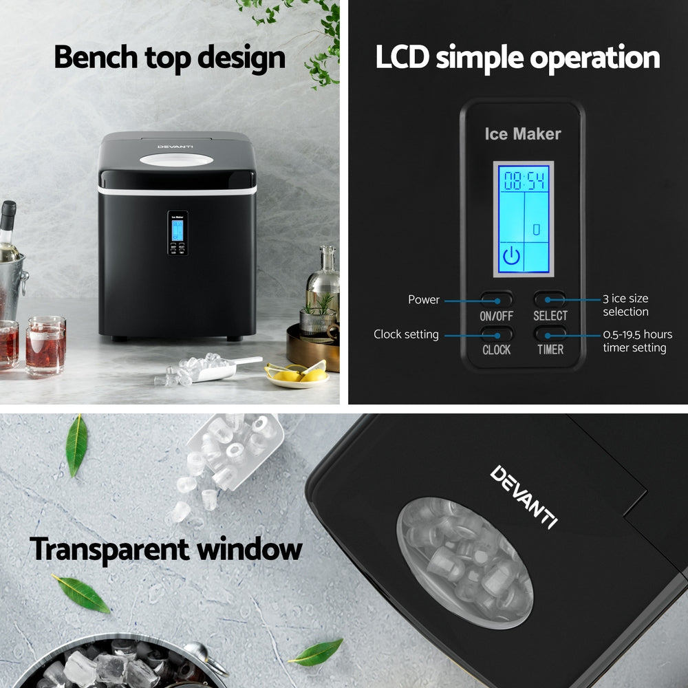 DEVANTI 3.2L Portable Ice Cube Maker Machine Benchtop Counter Black - YDS.com.au
