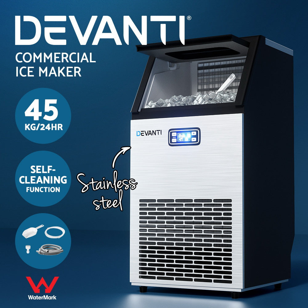 Devanti Commercial Ice Maker Machine 45kg Ice Cube Tray Bar Stainless Steel - YDS.com.au