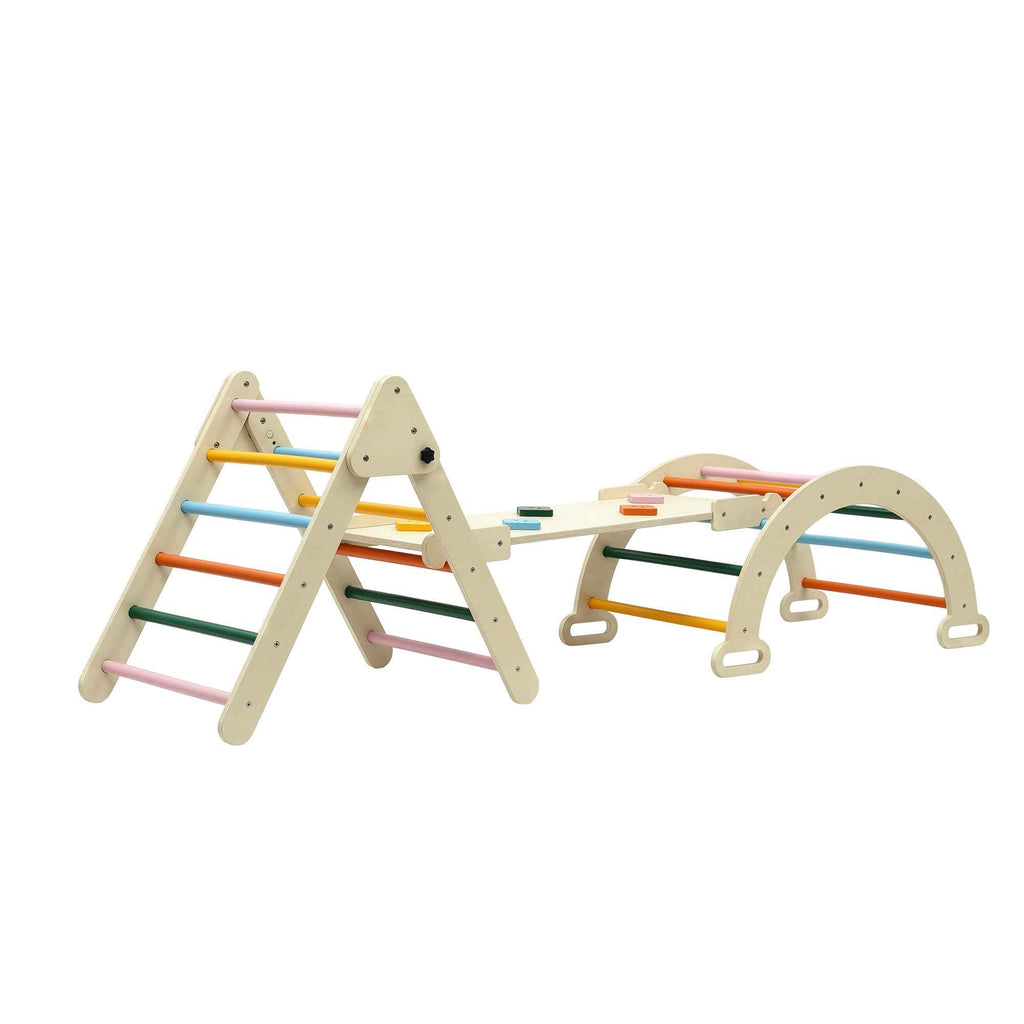 Keezi Kids Triangle Climbing Toys Set With Slide Indoor Outdoor Toddler Toys Pikler Climber With Arch