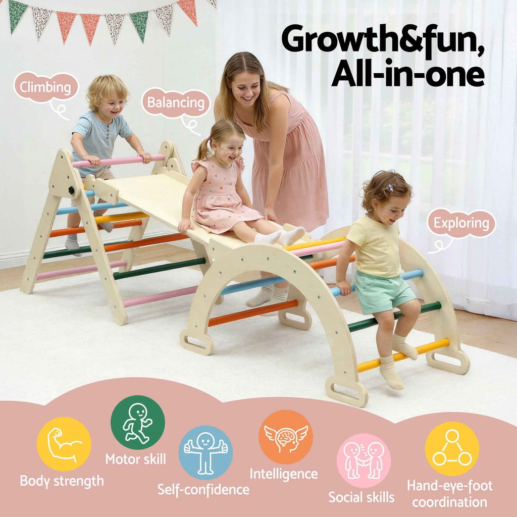 Keezi Kids Triangle Climbing Toys Set With Slide Indoor Outdoor Toddler Toys Pikler Climber With Arch