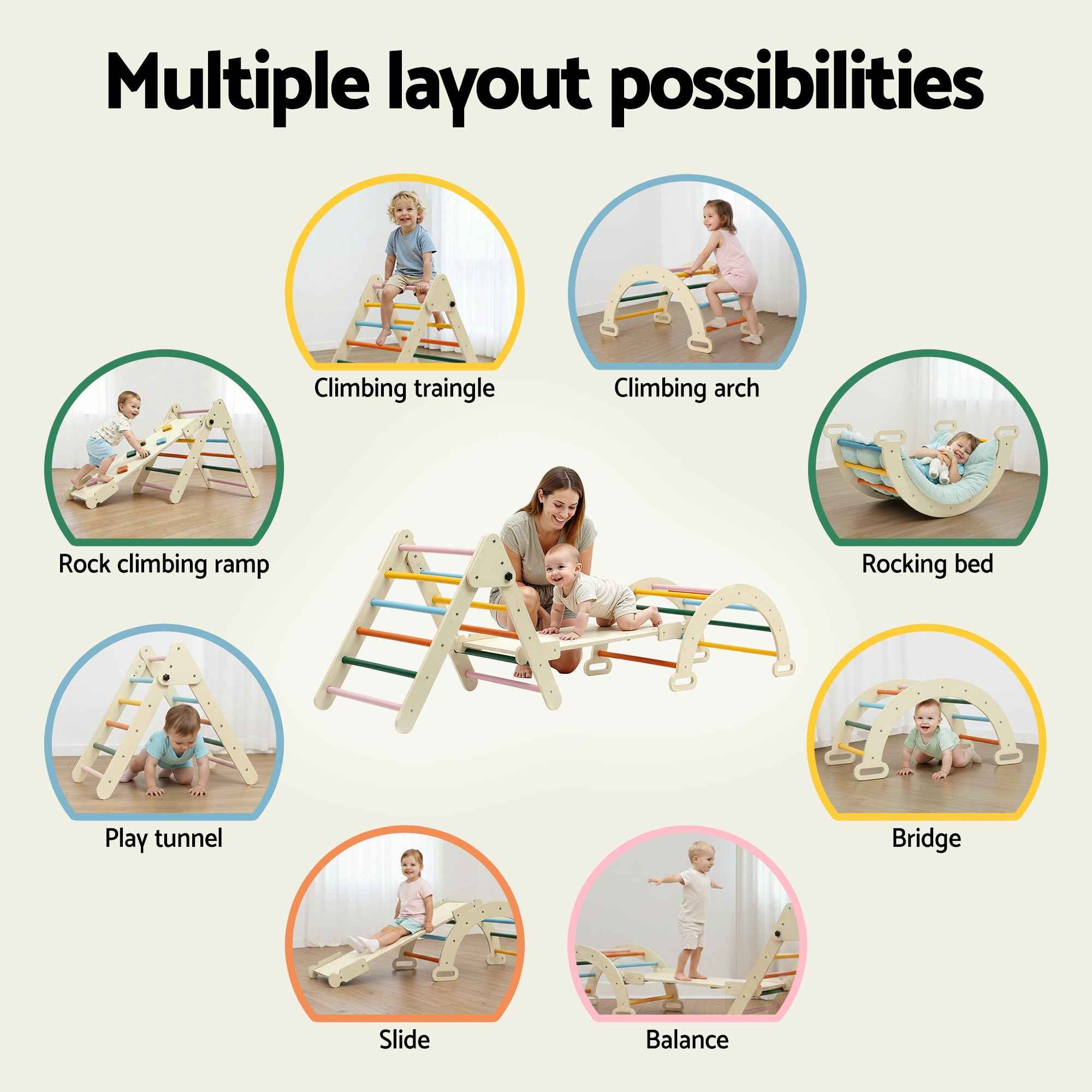 Keezi Kids Triangle Climbing Toys Set With Slide Indoor Outdoor Toddler Toys Pikler Climber With Arch