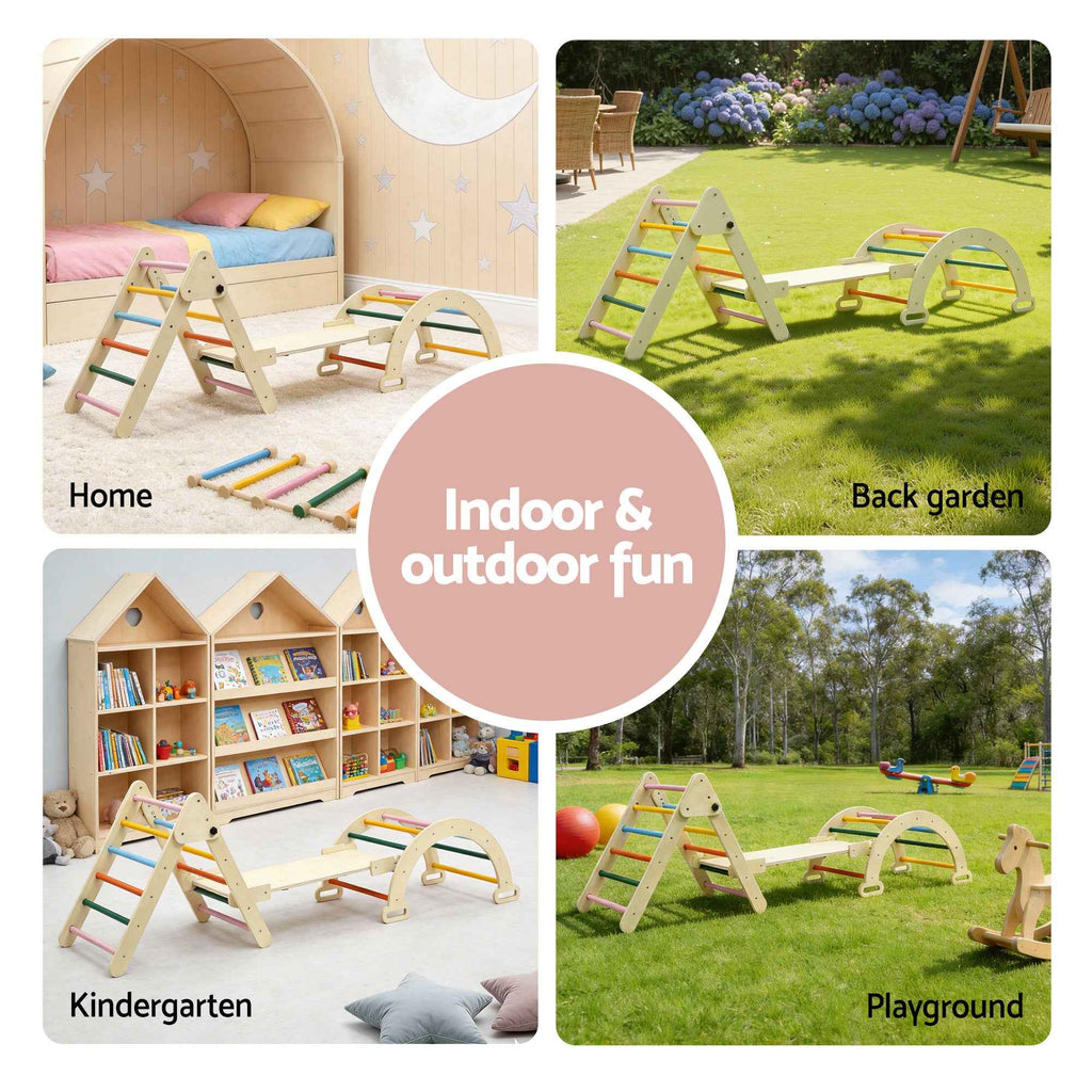 Keezi Kids Triangle Climbing Toys Set With Slide Indoor Outdoor Toddler Toys Pikler Climber With Arch