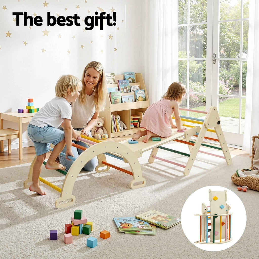 Keezi Kids Triangle Climbing Toys Set With Slide Indoor Outdoor Toddler Toys Pikler Climber With Arch