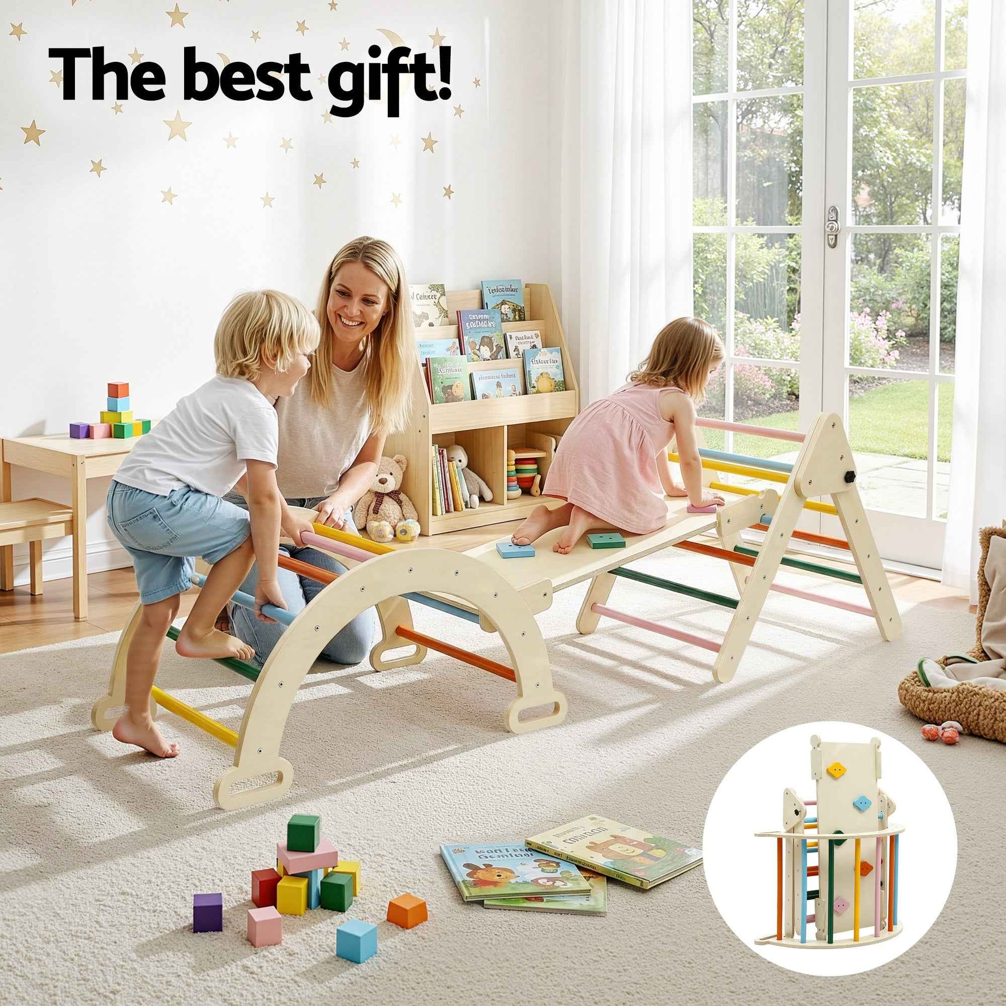 Keezi Kids Triangle Climbing Toys Set With Slide Indoor Outdoor Toddler Toys Pikler Climber With Arch