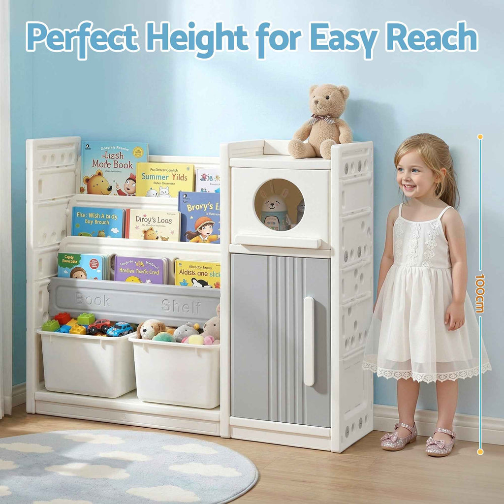 Keezi Kids Bookshelf and Toy Storage Organizer with 3-Tier Bookshelvs, 2 Removable Bins and 2 Storage Cabinets, Toddler Bookshelf with Toy Organizer for Kids' Rooms, Playrooms