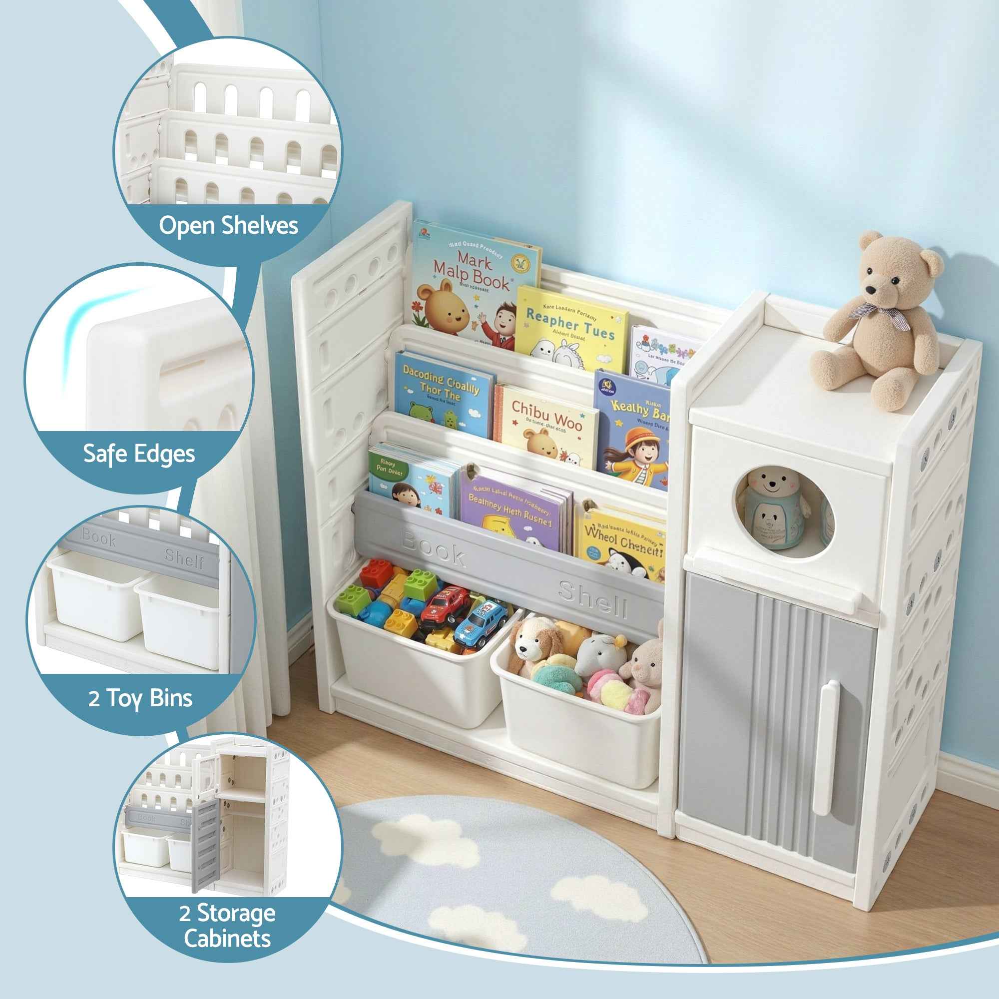 Keezi Kids Bookshelf and Toy Storage Organizer with 3-Tier Bookshelvs, 2 Removable Bins and 2 Storage Cabinets, Toddler Bookshelf with Toy Organizer for Kids' Rooms, Playrooms