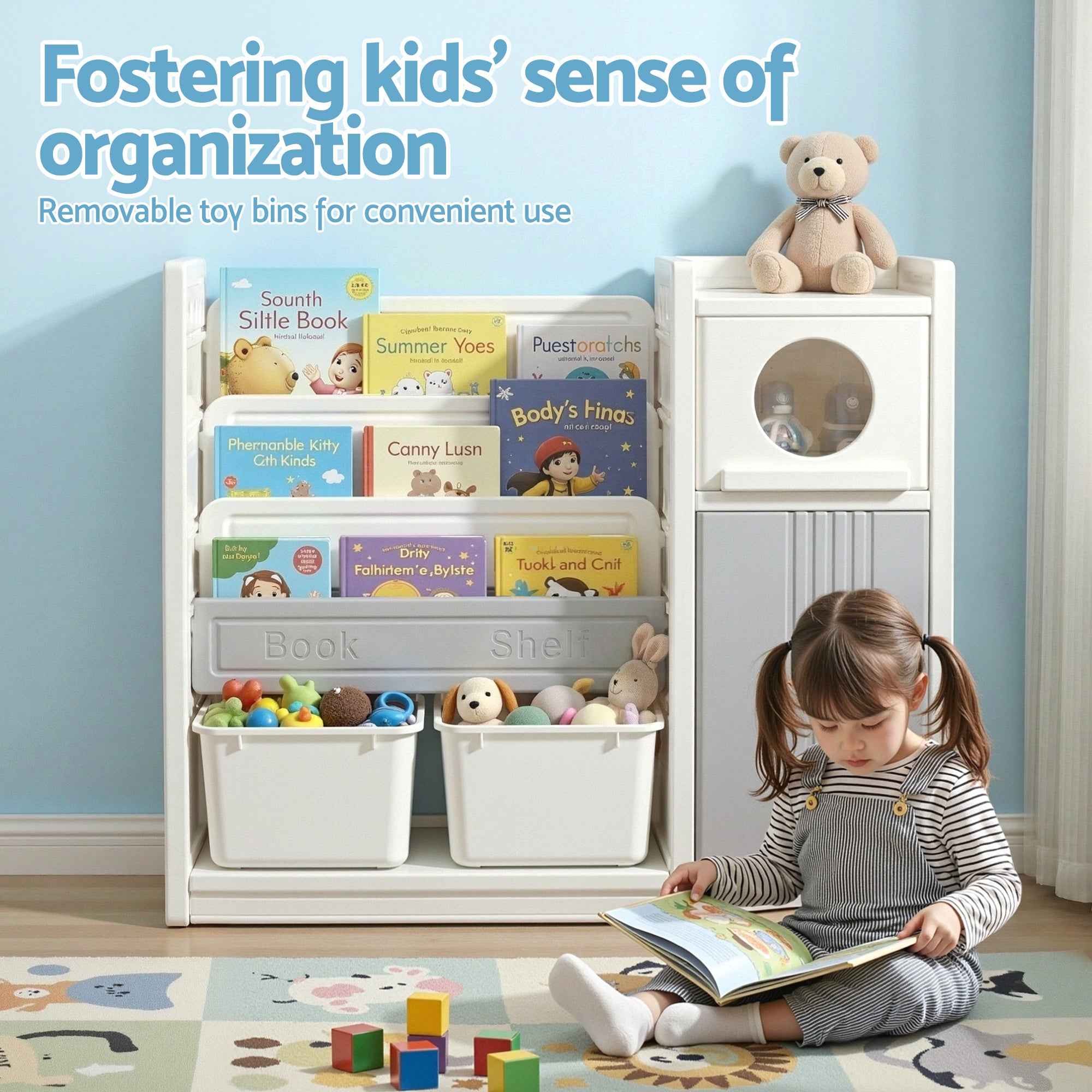Keezi Kids Bookshelf and Toy Storage Organizer with 3-Tier Bookshelvs, 2 Removable Bins and 2 Storage Cabinets, Toddler Bookshelf with Toy Organizer for Kids' Rooms, Playrooms