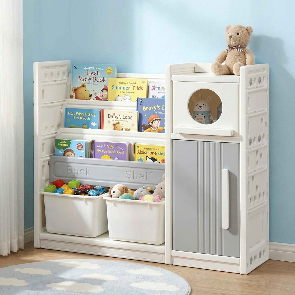 Keezi Kids Bookshelf and Toy Storage Organizer with 3-Tier Bookshelvs, 2 Removable Bins and 2 Storage Cabinets, Toddler Bookshelf with Toy Organizer for Kids' Rooms, Playrooms