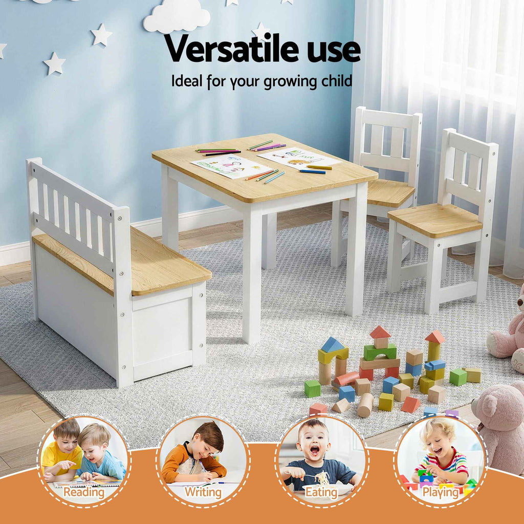 Keezi 2 in 1 Kids Table and Chair Set, Activity Table with Storage Bench and 2 Chairs for Reading, Drawing, Writing, Snack Time & Arts Crafts, 4 PCS Toddler Table and Chair Set, Natural