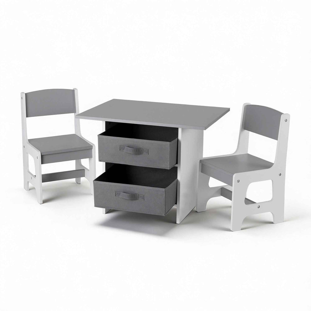 Keezi Kids Table and 2 Chairs Set Wooden Activity Table wit 2 Storage Drawers, Toddler Table and Chair Set for Children Drawing, Reading, Crafts, Eating, Grey