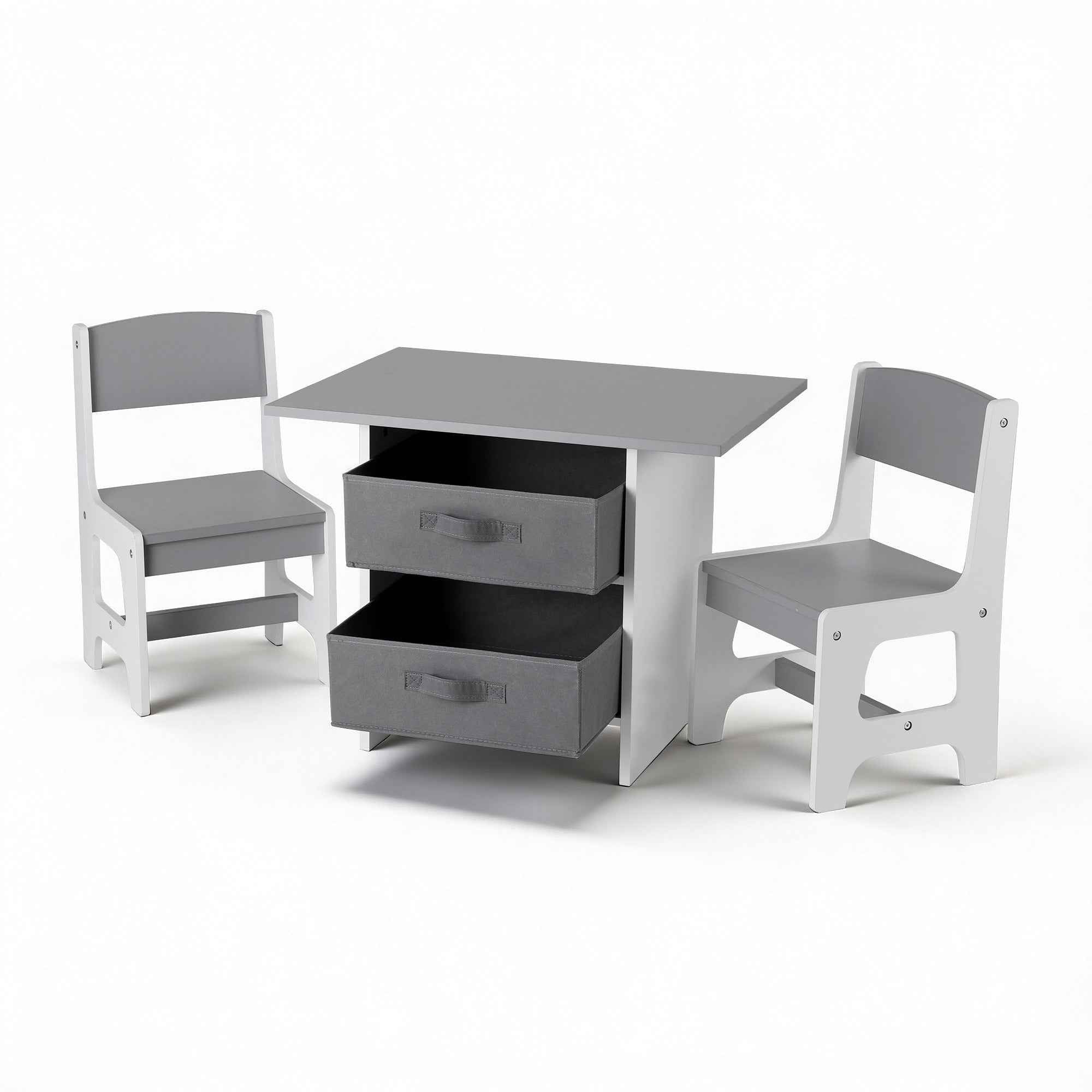 Keezi Kids Table and 2 Chairs Set Wooden Activity Table wit 2 Storage Drawers, Toddler Table and Chair Set for Children Drawing, Reading, Crafts, Eating, Grey