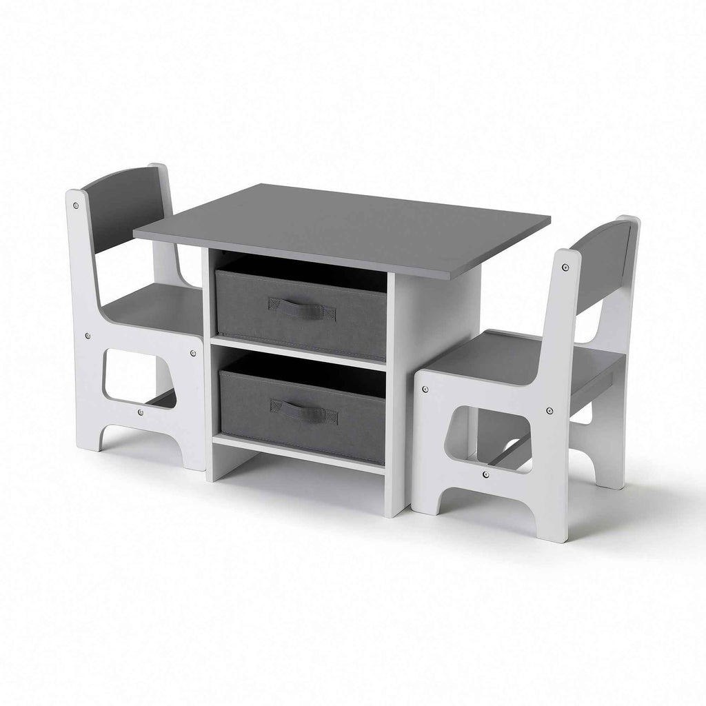 Keezi Kids Table and 2 Chairs Set Wooden Activity Table wit 2 Storage Drawers, Toddler Table and Chair Set for Children Drawing, Reading, Crafts, Eating, Grey