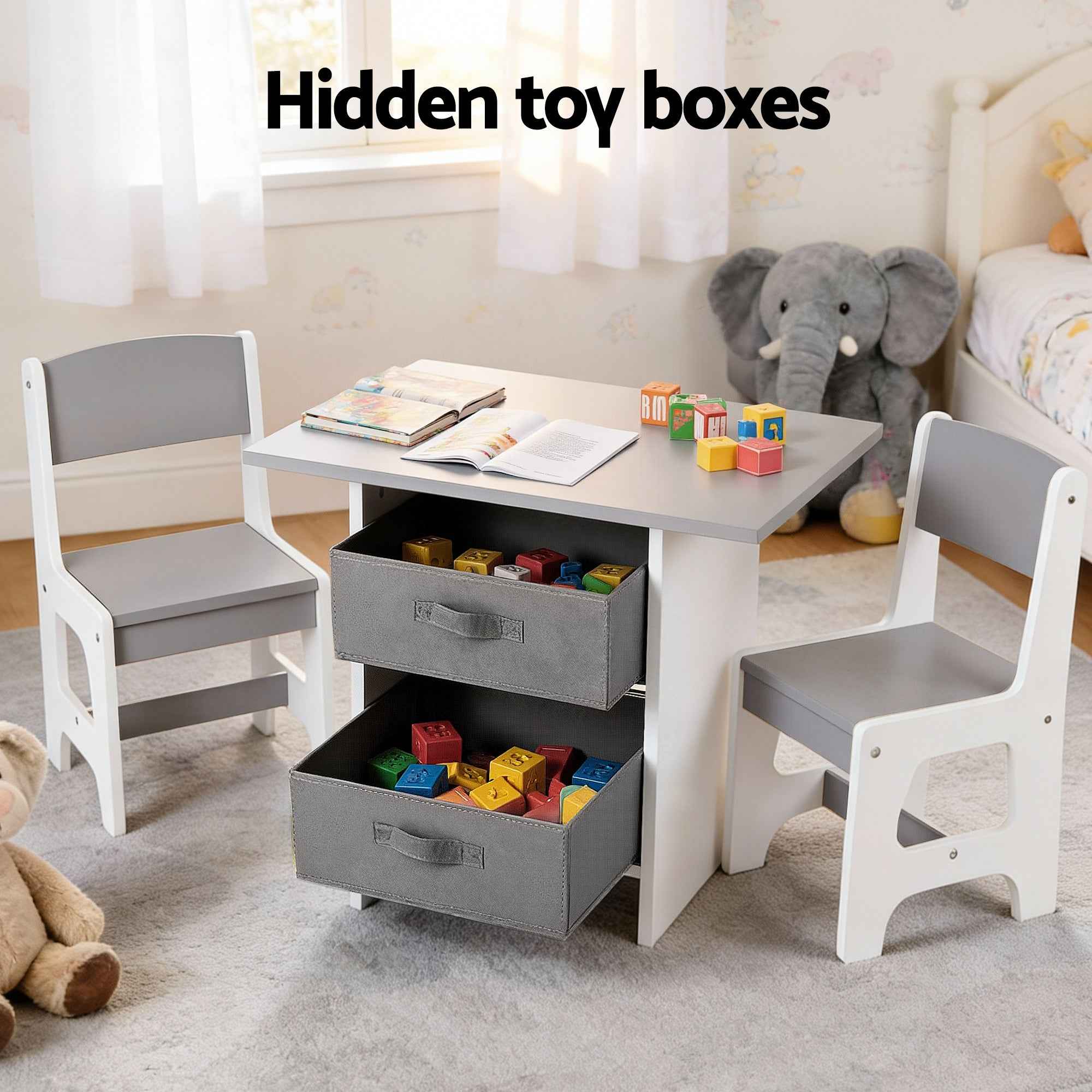 Keezi Kids Table and 2 Chairs Set Wooden Activity Table wit 2 Storage Drawers, Toddler Table and Chair Set for Children Drawing, Reading, Crafts, Eating, Grey