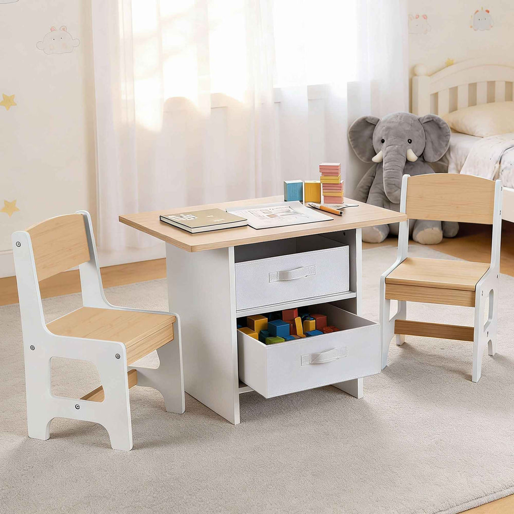Keezi Kids Table and 2 Chairs Set Wooden Activity Table wit 2 Storage Drawers, Toddler Table and Chair Set for Children Drawing, Reading, Crafts, Eating, Natural